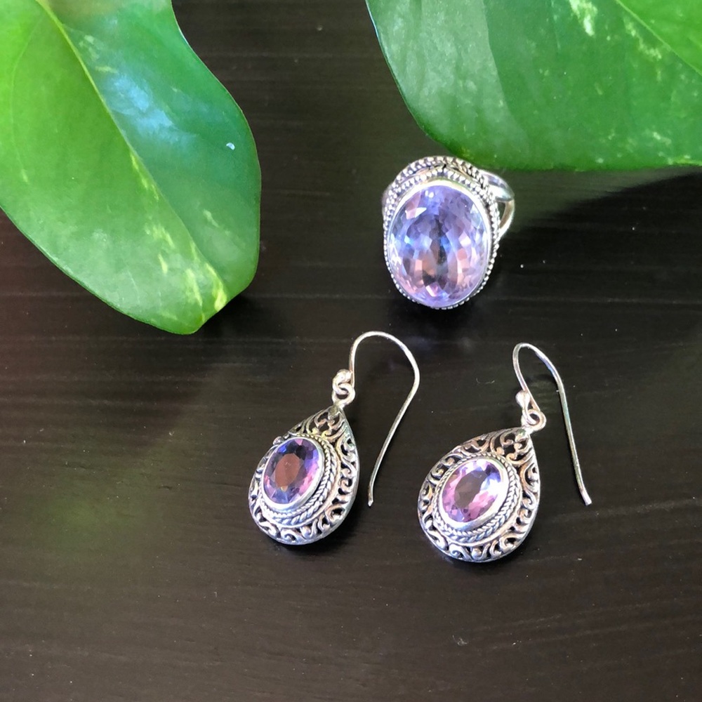 Vintage amethyst quartz lavender ring & earrings